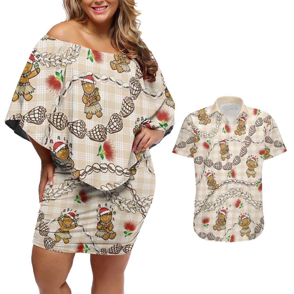 Beige Palaka Hawaii Mele Kalikimaka Couples Matching Off Shoulder Short Dress and Hawaiian Shirt Ohia Lehua Shell Leis Funny Gingerbread Santa - Polynesian Pride
