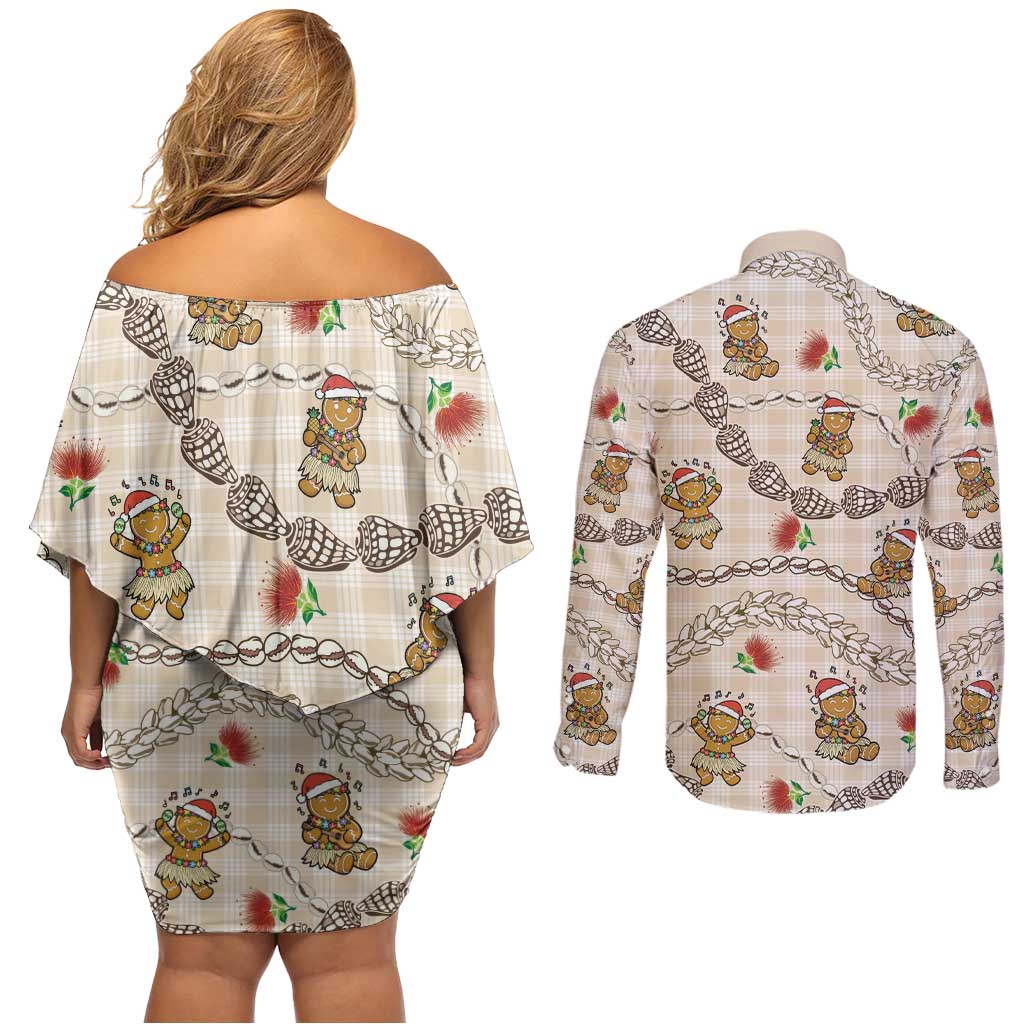 Beige Palaka Hawaii Mele Kalikimaka Couples Matching Off Shoulder Short Dress and Long Sleeve Button Shirt Ohia Lehua Shell Leis Funny Gingerbread Santa LT14 - Polynesian Pride