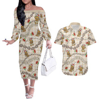 Beige Palaka Hawaii Mele Kalikimaka Couples Matching Off The Shoulder Long Sleeve Dress and Hawaiian Shirt Ohia Lehua Shell Leis Funny Gingerbread Santa LT14 Beige - Polynesian Pride