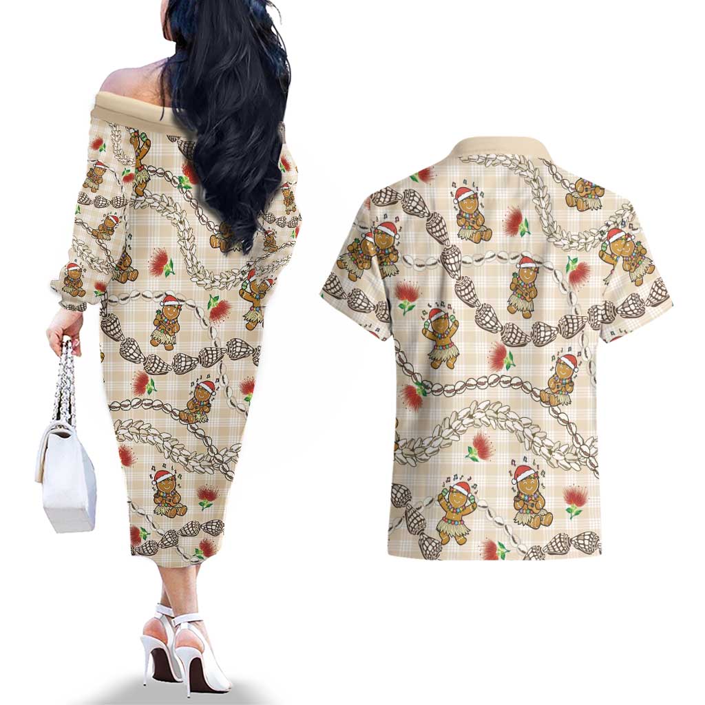 Beige Palaka Hawaii Mele Kalikimaka Couples Matching Off The Shoulder Long Sleeve Dress and Hawaiian Shirt Ohia Lehua Shell Leis Funny Gingerbread Santa LT14 - Polynesian Pride