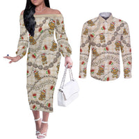 Beige Palaka Hawaii Mele Kalikimaka Couples Matching Off The Shoulder Long Sleeve Dress and Long Sleeve Button Shirt Ohia Lehua Shell Leis Funny Gingerbread Santa LT14 Beige - Polynesian Pride