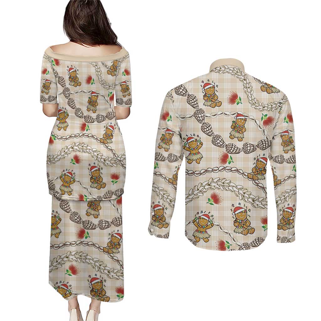 Beige Palaka Hawaii Mele Kalikimaka Couples Matching Puletasi and Long Sleeve Button Shirt Ohia Lehua Shell Leis Funny Gingerbread Santa - Polynesian Pride