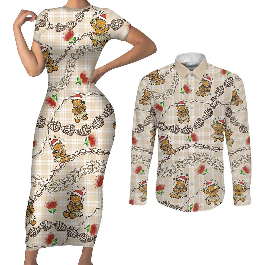 Beige Palaka Hawaii Mele Kalikimaka Couples Matching Short Sleeve Bodycon Dress and Long Sleeve Button Shirt Ohia Lehua Shell Leis Funny Gingerbread Santa LT14 Beige - Polynesian Pride