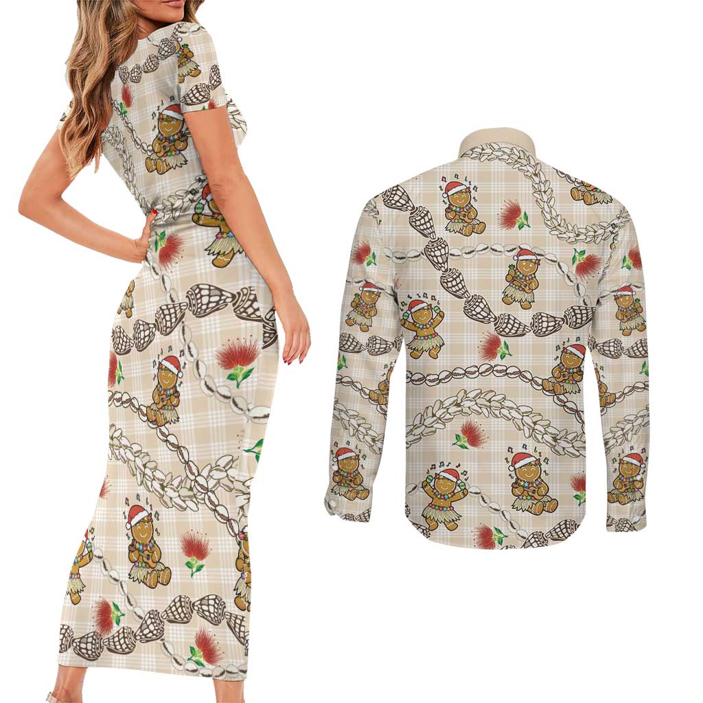 Beige Palaka Hawaii Mele Kalikimaka Couples Matching Short Sleeve Bodycon Dress and Long Sleeve Button Shirt Ohia Lehua Shell Leis Funny Gingerbread Santa LT14 - Polynesian Pride