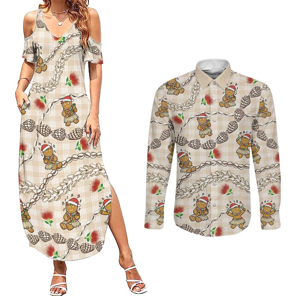 Beige Palaka Hawaii Mele Kalikimaka Couples Matching Summer Maxi Dress and Long Sleeve Button Shirt Ohia Lehua Shell Leis Funny Gingerbread Santa - Polynesian Pride