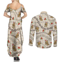 Beige Palaka Hawaii Mele Kalikimaka Couples Matching Summer Maxi Dress and Long Sleeve Button Shirt Ohia Lehua Shell Leis Funny Gingerbread Santa - Polynesian Pride