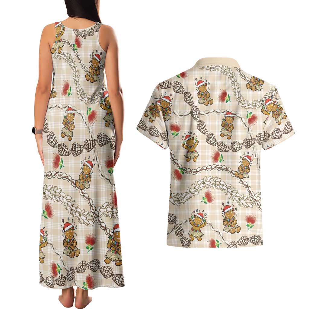 Beige Palaka Hawaii Mele Kalikimaka Couples Matching Tank Maxi Dress and Hawaiian Shirt Ohia Lehua Shell Leis Funny Gingerbread Santa LT14 - Polynesian Pride