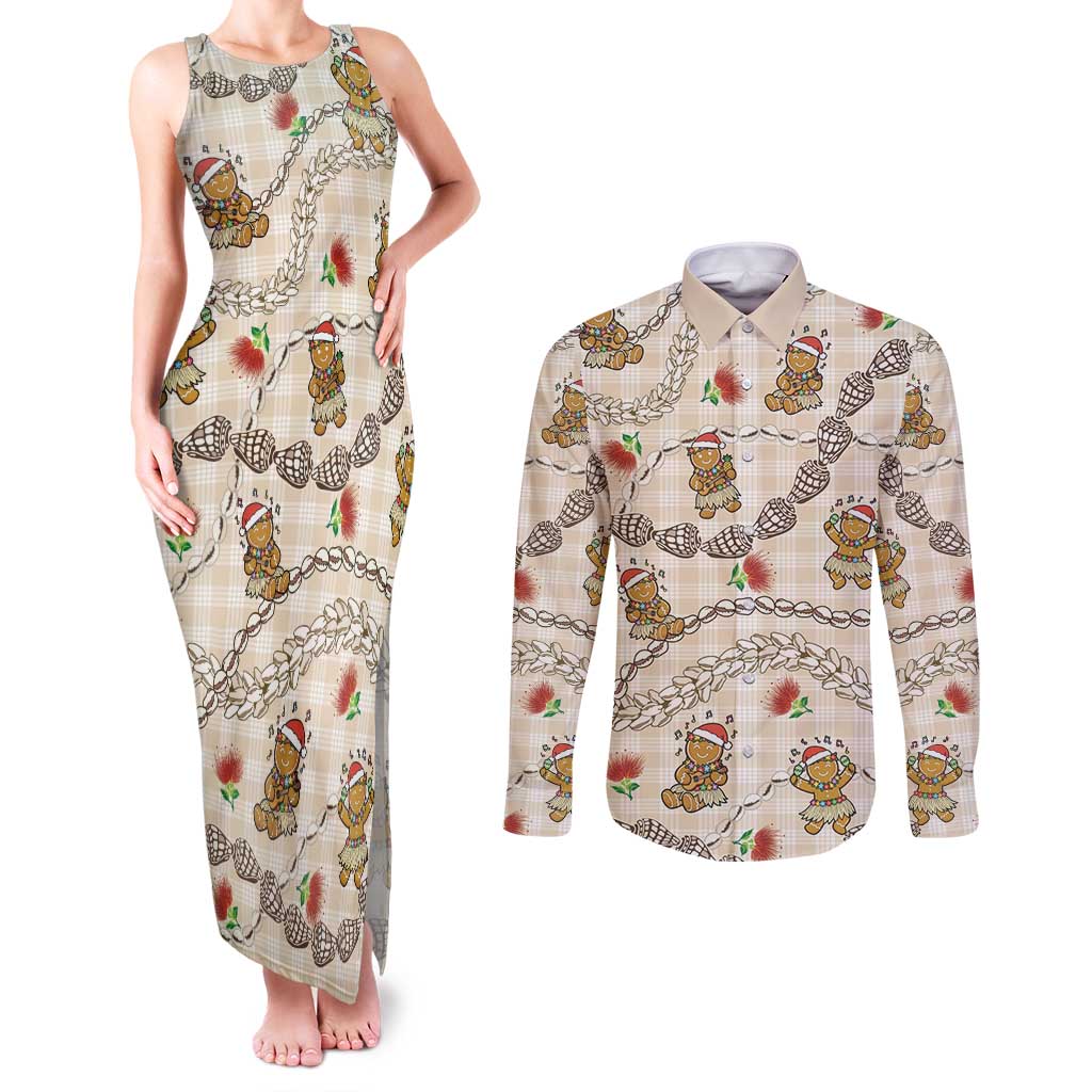 Beige Palaka Hawaii Mele Kalikimaka Couples Matching Tank Maxi Dress and Long Sleeve Button Shirt Ohia Lehua Shell Leis Funny Gingerbread Santa - Polynesian Pride