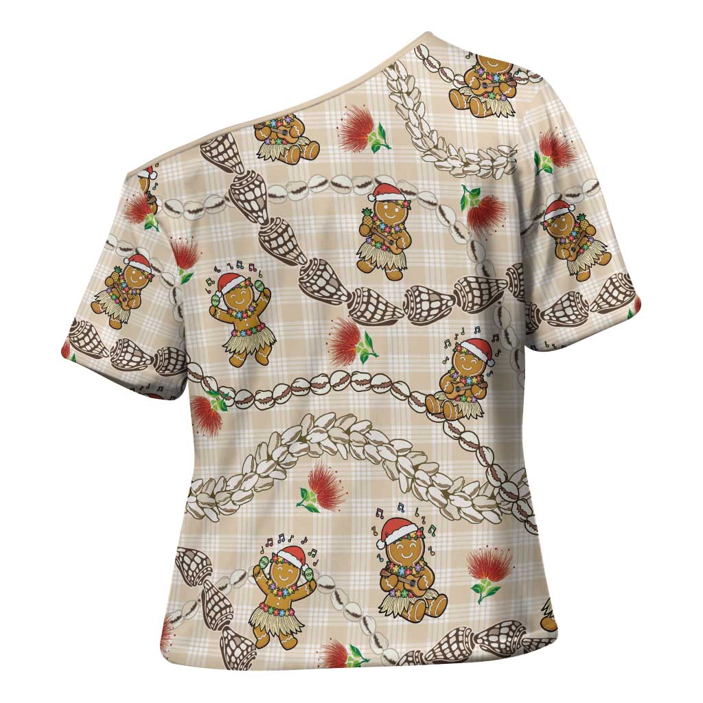 Beige Palaka Hawaii Mele Kalikimaka Cross Shoulder Shirt Ohia Lehua Shell Leis Funny Gingerbread Santa - Polynesian Pride