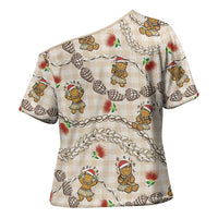 Beige Palaka Hawaii Mele Kalikimaka Cross Shoulder Shirt Ohia Lehua Shell Leis Funny Gingerbread Santa - Polynesian Pride