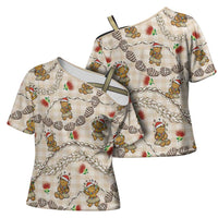 Beige Palaka Hawaii Mele Kalikimaka Cross Shoulder Shirt Ohia Lehua Shell Leis Funny Gingerbread Santa - Polynesian Pride