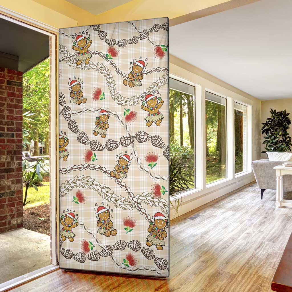 Beige Palaka Hawaii Mele Kalikimaka Door Cover Ohia Lehua Shell Leis Funny Gingerbread Santa - Polynesian Pride
