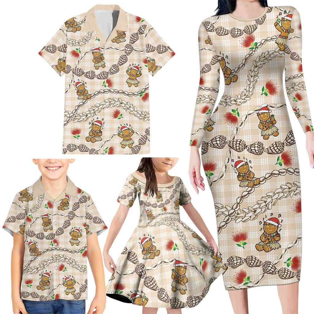 Beige Palaka Hawaii Mele Kalikimaka Family Matching Long Sleeve Bodycon Dress and Hawaiian Shirt Ohia Lehua Shell Leis Funny Gingerbread Santa - Polynesian Pride