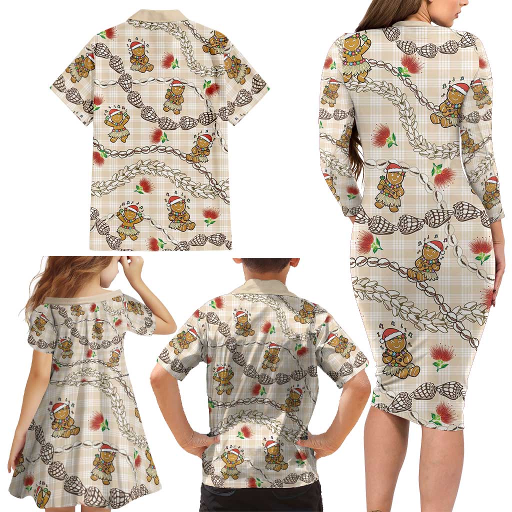 Beige Palaka Hawaii Mele Kalikimaka Family Matching Long Sleeve Bodycon Dress and Hawaiian Shirt Ohia Lehua Shell Leis Funny Gingerbread Santa LT14 - Polynesian Pride