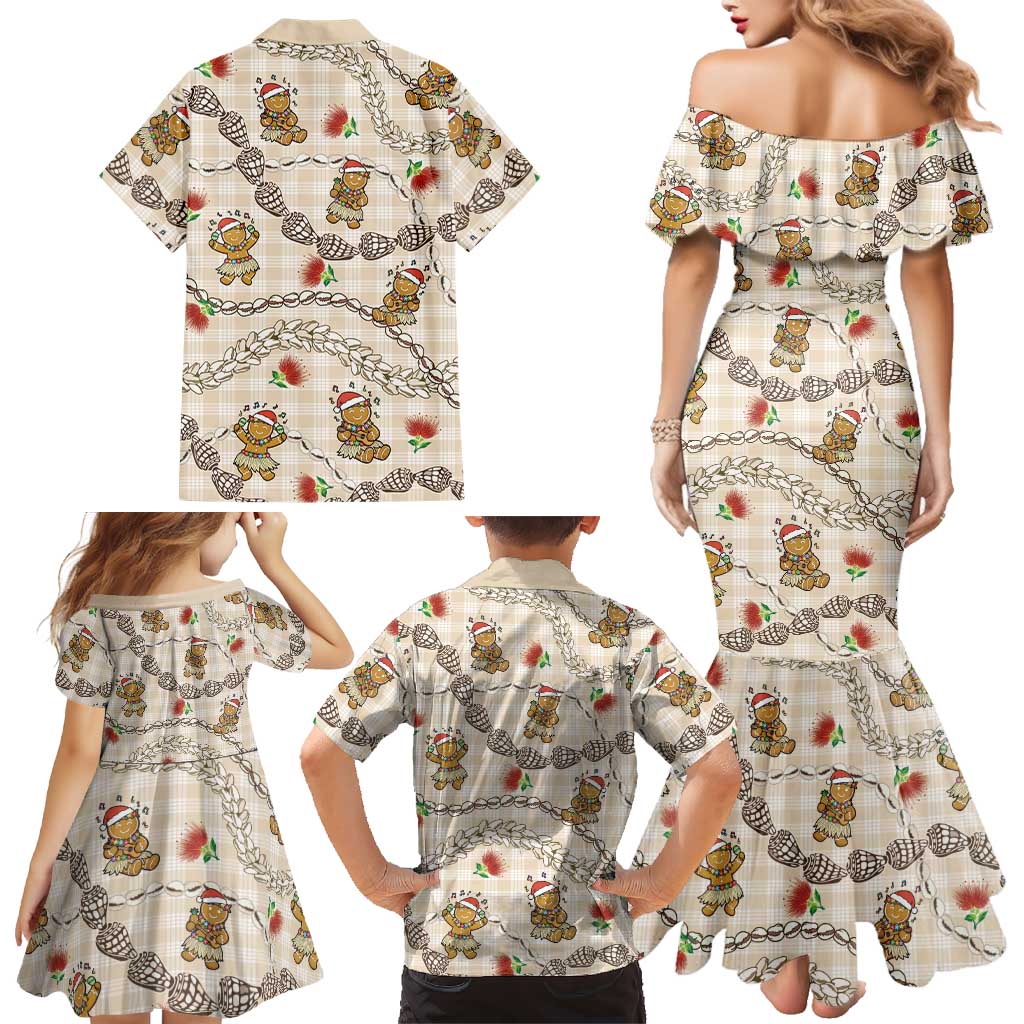 Beige Palaka Hawaii Mele Kalikimaka Family Matching Mermaid Dress and Hawaiian Shirt Ohia Lehua Shell Leis Funny Gingerbread Santa LT14 - Polynesian Pride
