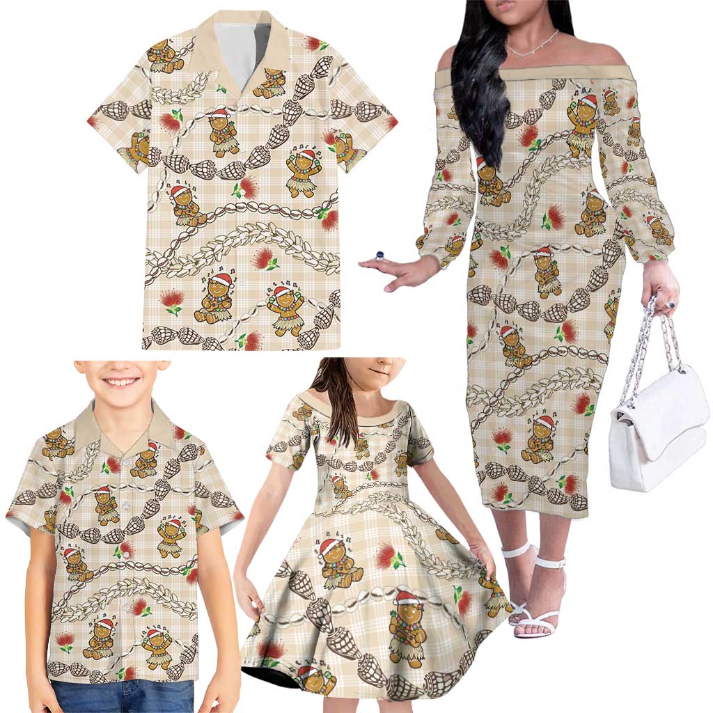 Beige Palaka Hawaii Mele Kalikimaka Family Matching Off The Shoulder Long Sleeve Dress and Hawaiian Shirt Ohia Lehua Shell Leis Funny Gingerbread Santa - Polynesian Pride