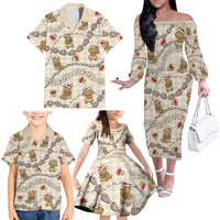 Beige Palaka Hawaii Mele Kalikimaka Family Matching Off The Shoulder Long Sleeve Dress and Hawaiian Shirt Ohia Lehua Shell Leis Funny Gingerbread Santa LT14 - Polynesian Pride