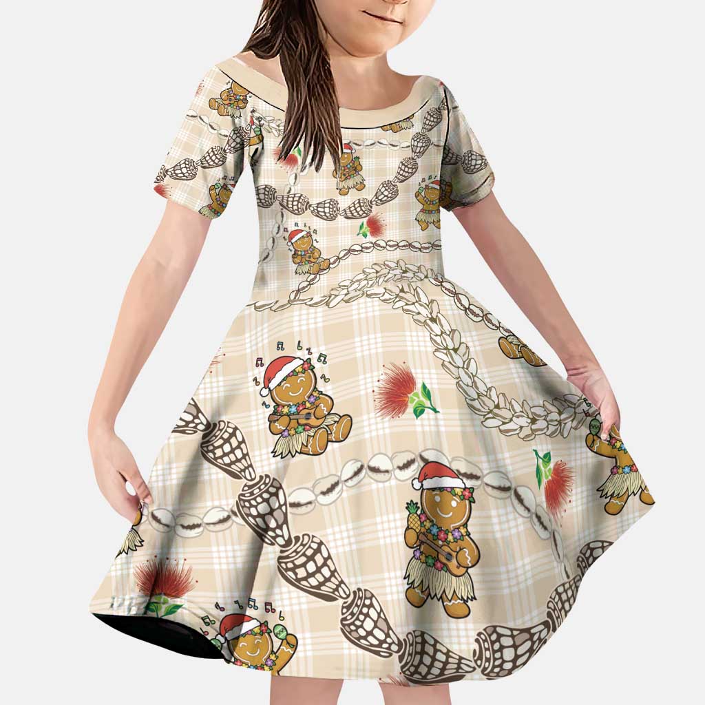 Beige Palaka Hawaii Mele Kalikimaka Family Matching Off Shoulder Maxi Dress and Hawaiian Shirt Ohia Lehua Shell Leis Funny Gingerbread Santa LT14 Daughter's Dress Beige - Polynesian Pride