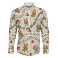 Beige Palaka Hawaii Mele Kalikimaka Family Matching Off Shoulder Maxi Dress and Hawaiian Shirt Ohia Lehua Shell Leis Funny Gingerbread Santa LT14 Dad's Shirt - Long Sleeve Beige - Polynesian Pride