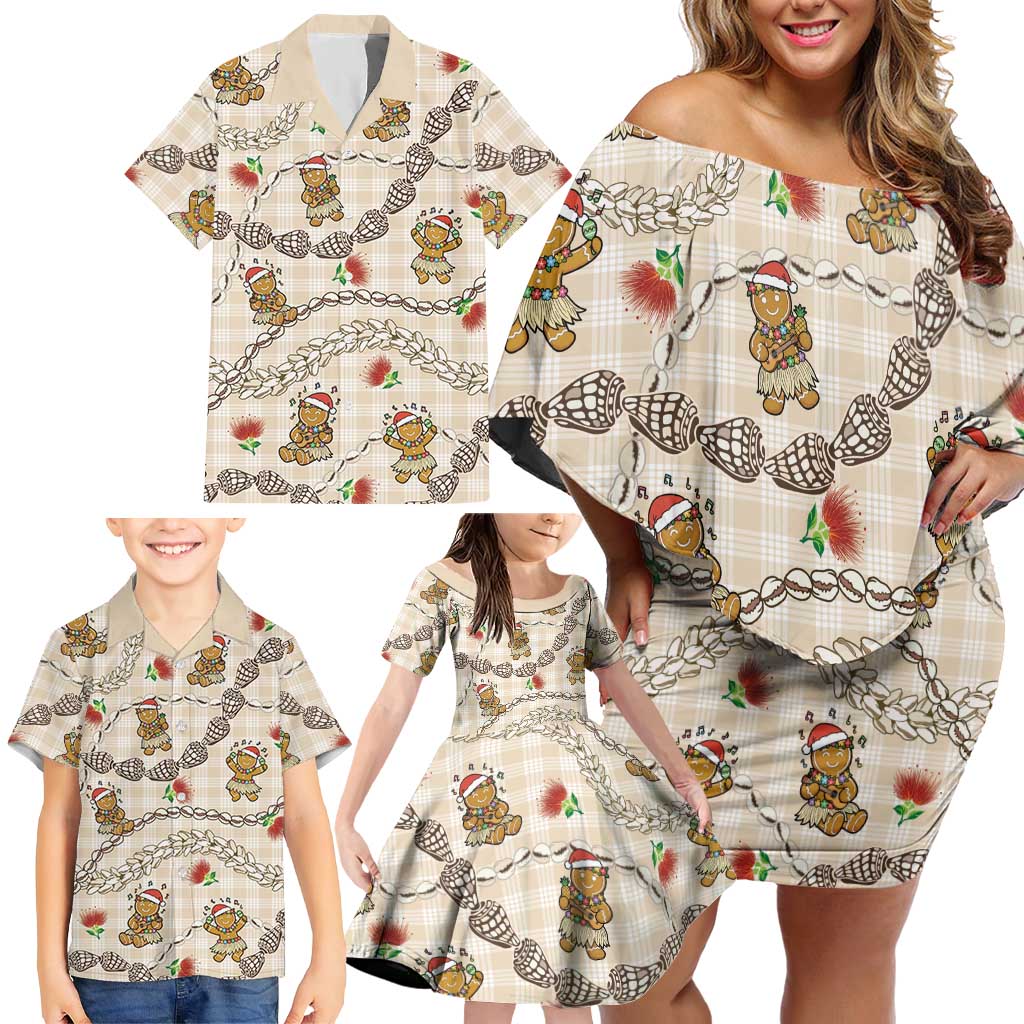 Beige Palaka Hawaii Mele Kalikimaka Family Matching Off Shoulder Short Dress and Hawaiian Shirt Ohia Lehua Shell Leis Funny Gingerbread Santa LT14 - Polynesian Pride