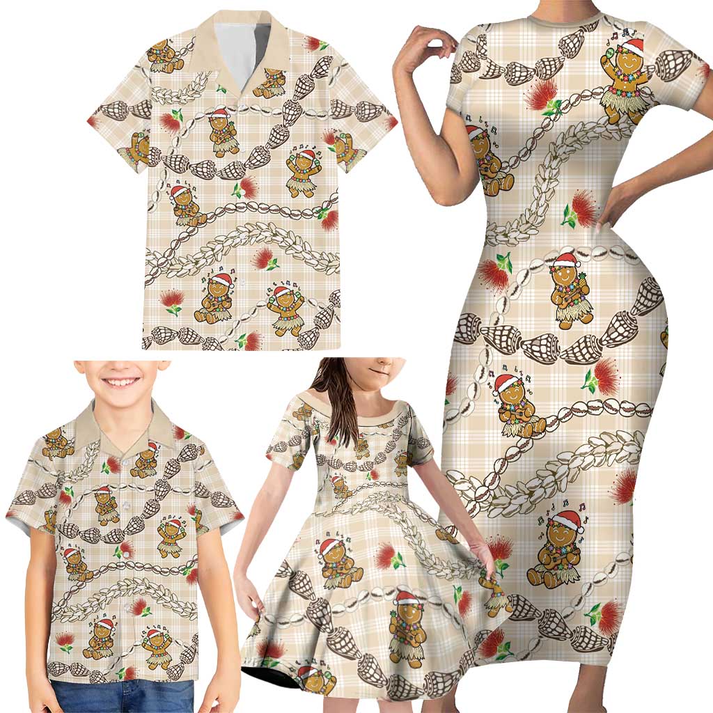 Beige Palaka Hawaii Mele Kalikimaka Family Matching Short Sleeve Bodycon Dress and Hawaiian Shirt Ohia Lehua Shell Leis Funny Gingerbread Santa LT14 - Polynesian Pride