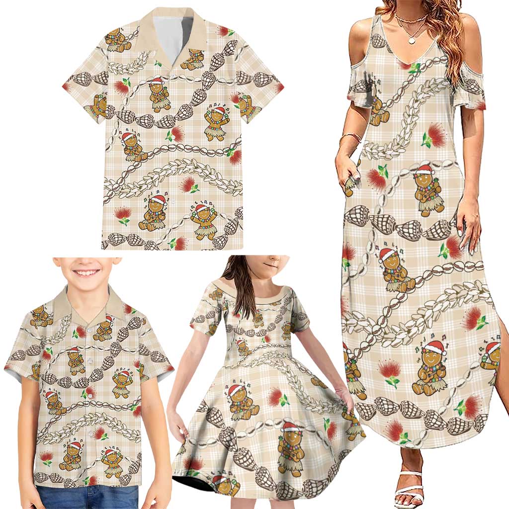 Beige Palaka Hawaii Mele Kalikimaka Family Matching Summer Maxi Dress and Hawaiian Shirt Ohia Lehua Shell Leis Funny Gingerbread Santa LT14 - Polynesian Pride