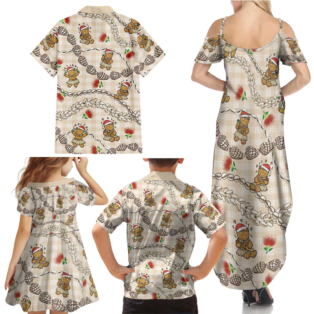Beige Palaka Hawaii Mele Kalikimaka Family Matching Summer Maxi Dress and Hawaiian Shirt Ohia Lehua Shell Leis Funny Gingerbread Santa LT14 - Polynesian Pride