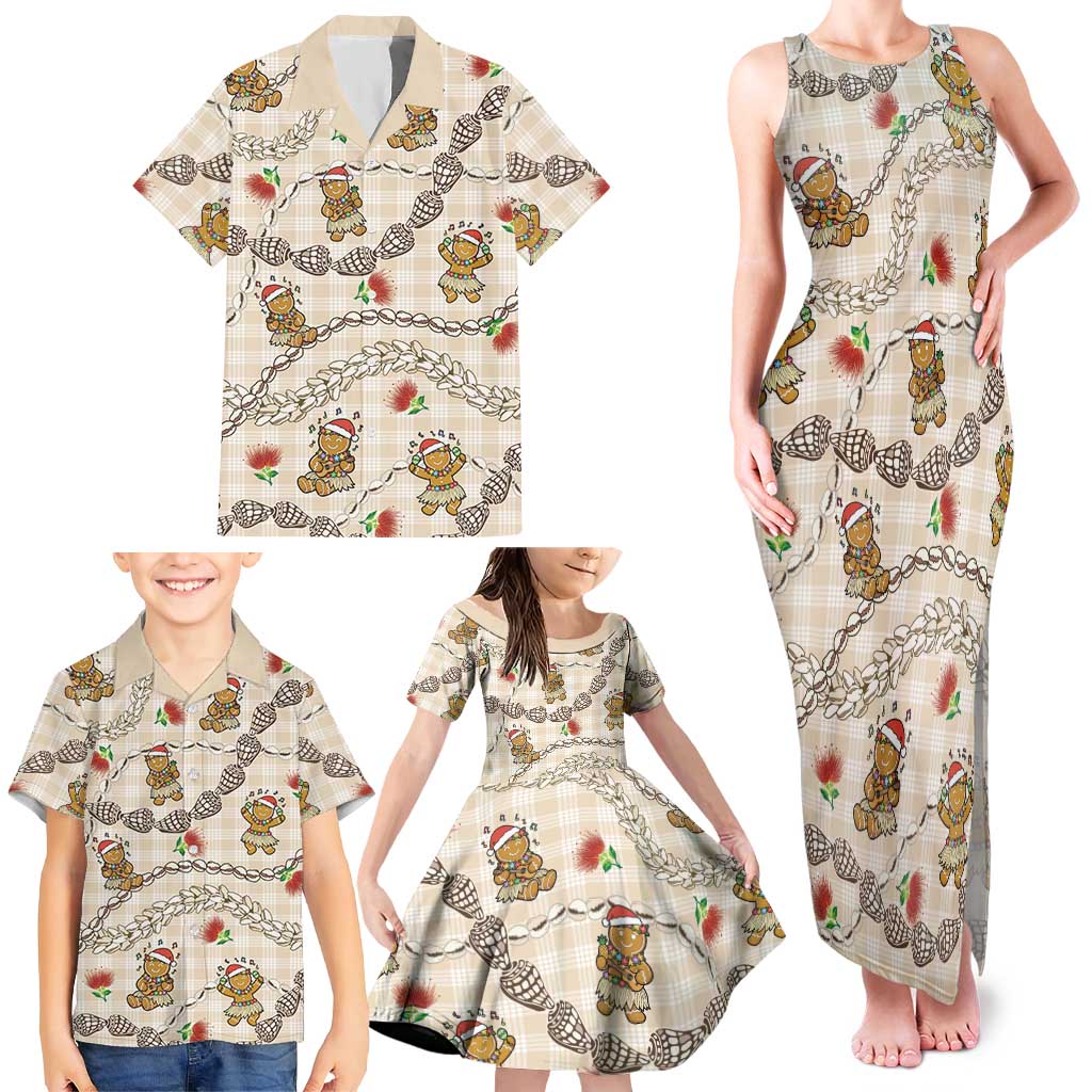 Beige Palaka Hawaii Mele Kalikimaka Family Matching Tank Maxi Dress and Hawaiian Shirt Ohia Lehua Shell Leis Funny Gingerbread Santa LT14 - Polynesian Pride