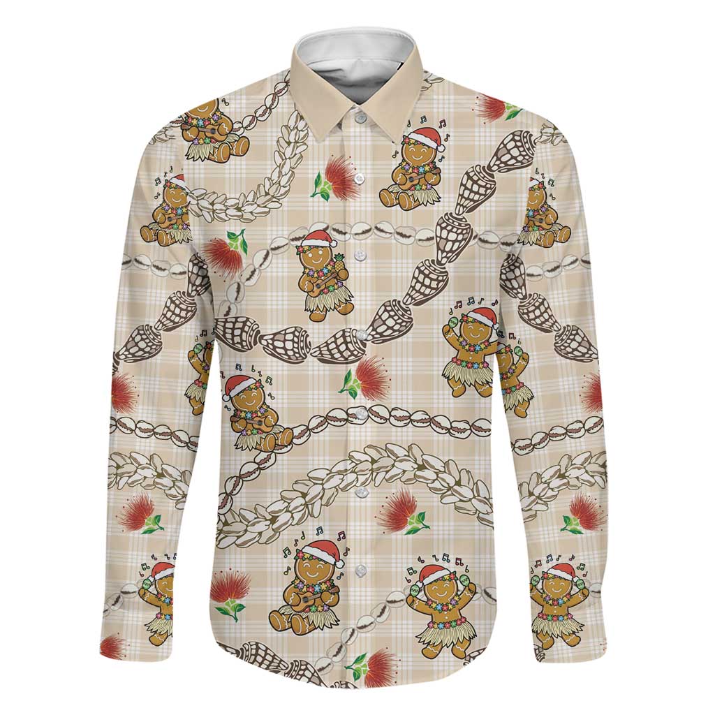 Beige Palaka Hawaii Mele Kalikimaka Family Matching Tank Maxi Dress and Hawaiian Shirt Ohia Lehua Shell Leis Funny Gingerbread Santa LT14 Dad's Shirt - Long Sleeve Beige - Polynesian Pride