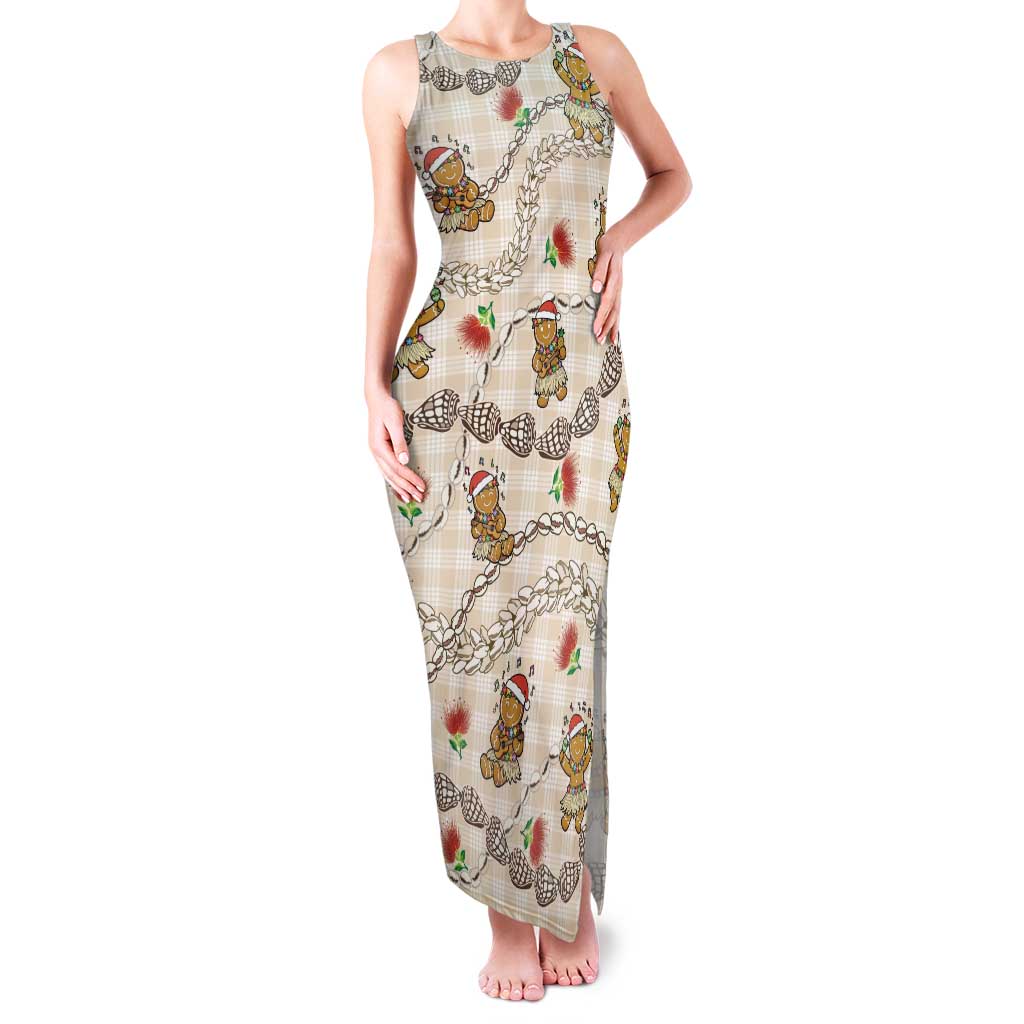 Beige Palaka Hawaii Mele Kalikimaka Family Matching Tank Maxi Dress and Hawaiian Shirt Ohia Lehua Shell Leis Funny Gingerbread Santa LT14 Beige - Polynesian Pride