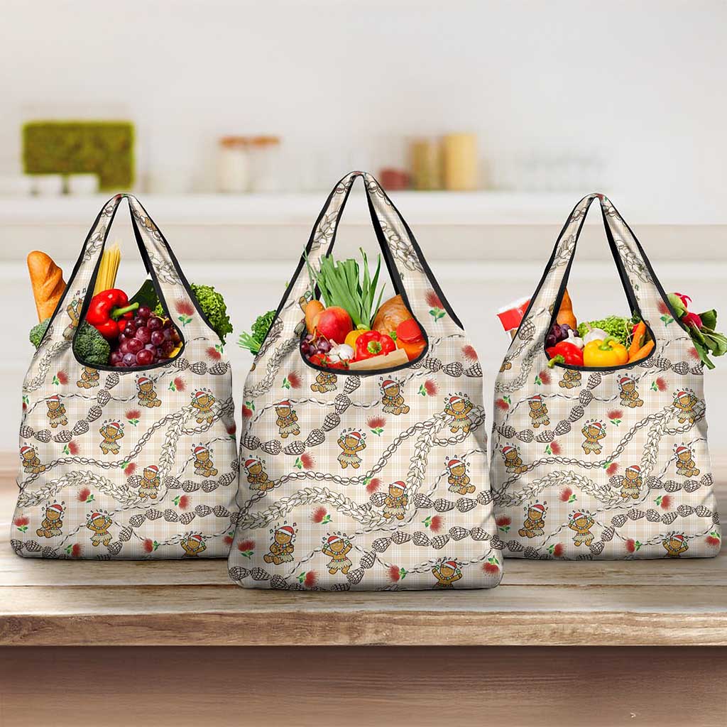 Beige Palaka Hawaii Mele Kalikimaka Grocery Bag Ohia Lehua Shell Leis Funny Gingerbread Santa - Polynesian Pride