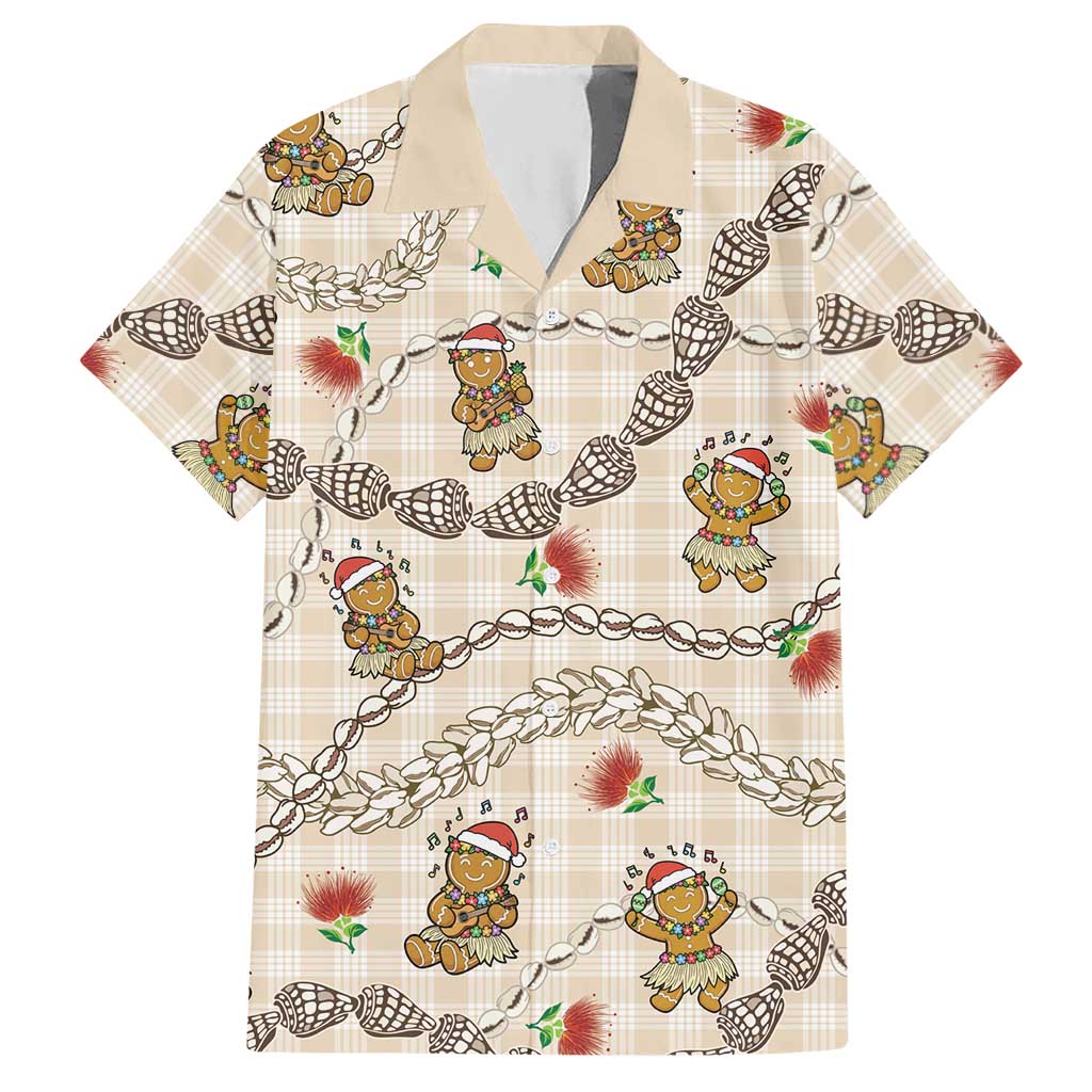 Beige Palaka Hawaii Mele Kalikimaka Hawaiian Shirt Ohia Lehua Shell Leis Funny Gingerbread Santa - Polynesian Pride