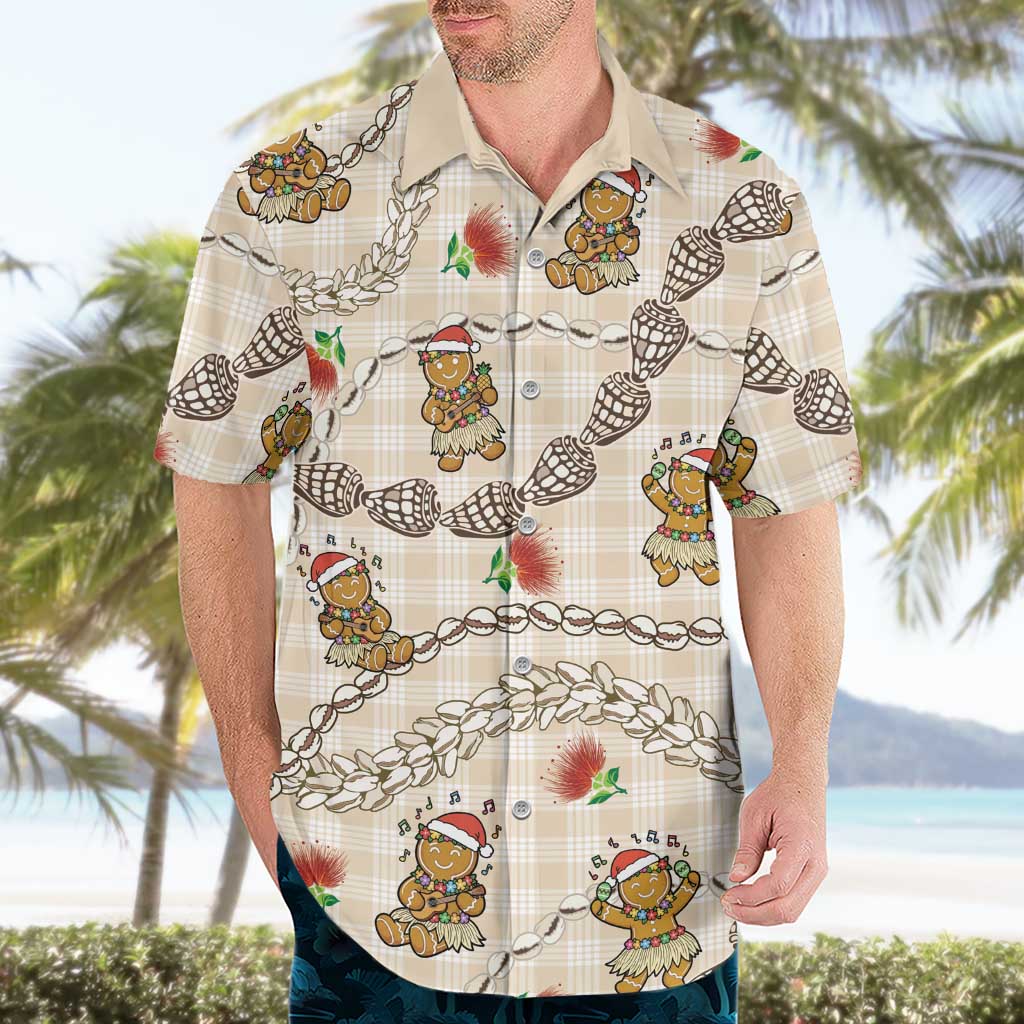 Beige Palaka Hawaii Mele Kalikimaka Hawaiian Shirt Ohia Lehua Shell Leis Funny Gingerbread Santa - Polynesian Pride
