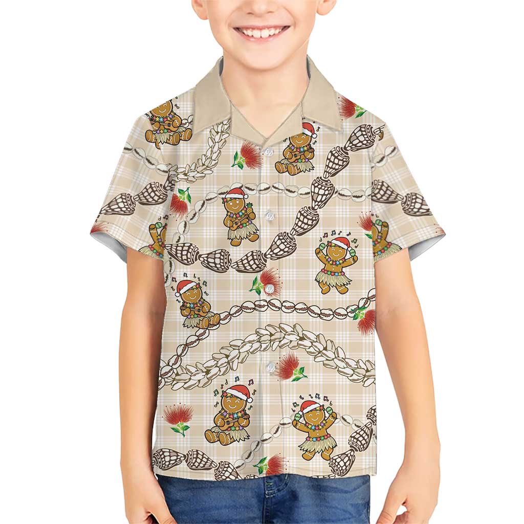 Beige Palaka Hawaii Mele Kalikimaka Hawaiian Shirt Ohia Lehua Shell Leis Funny Gingerbread Santa - Polynesian Pride