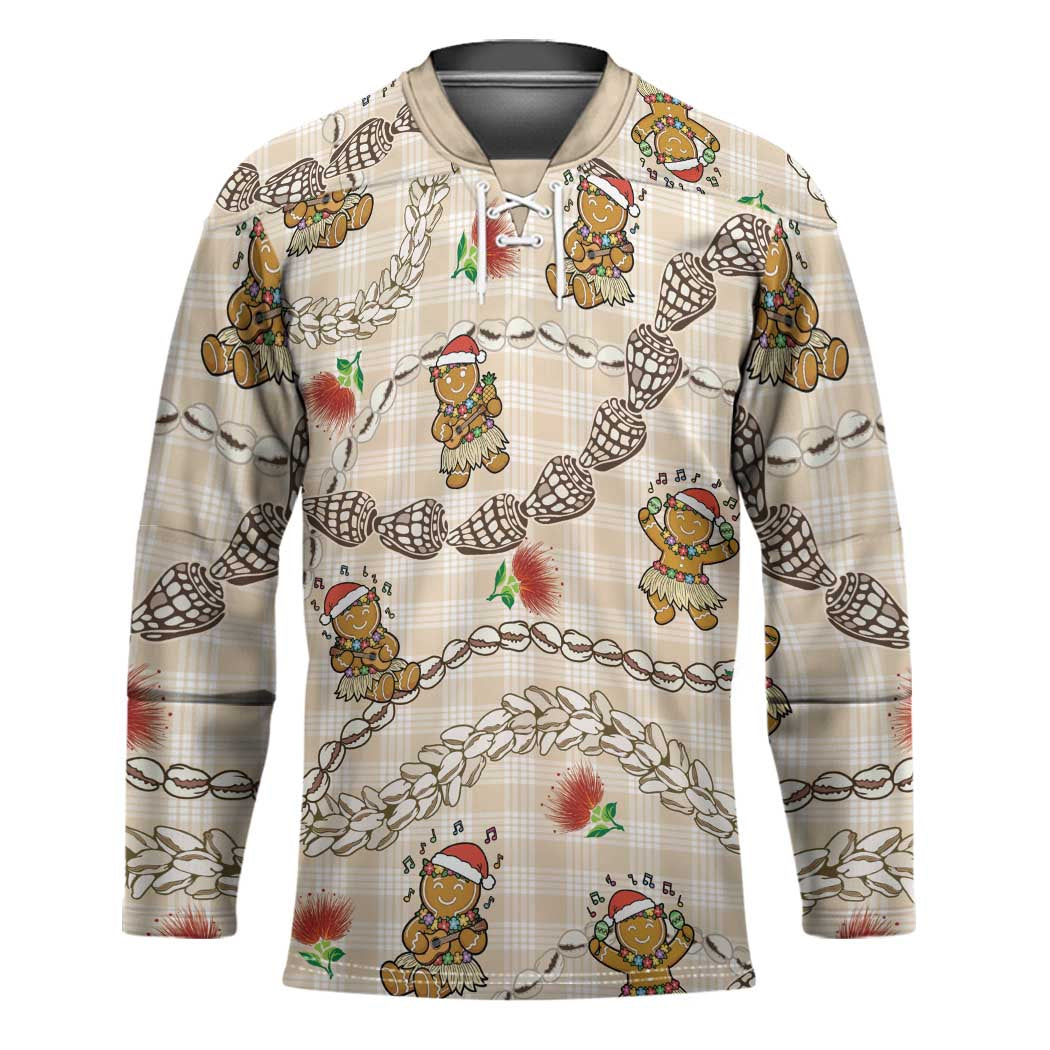 Beige Palaka Hawaii Mele Kalikimaka Hockey Jersey Ohia Lehua Shell Leis Funny Gingerbread Santa - Polynesian Pride
