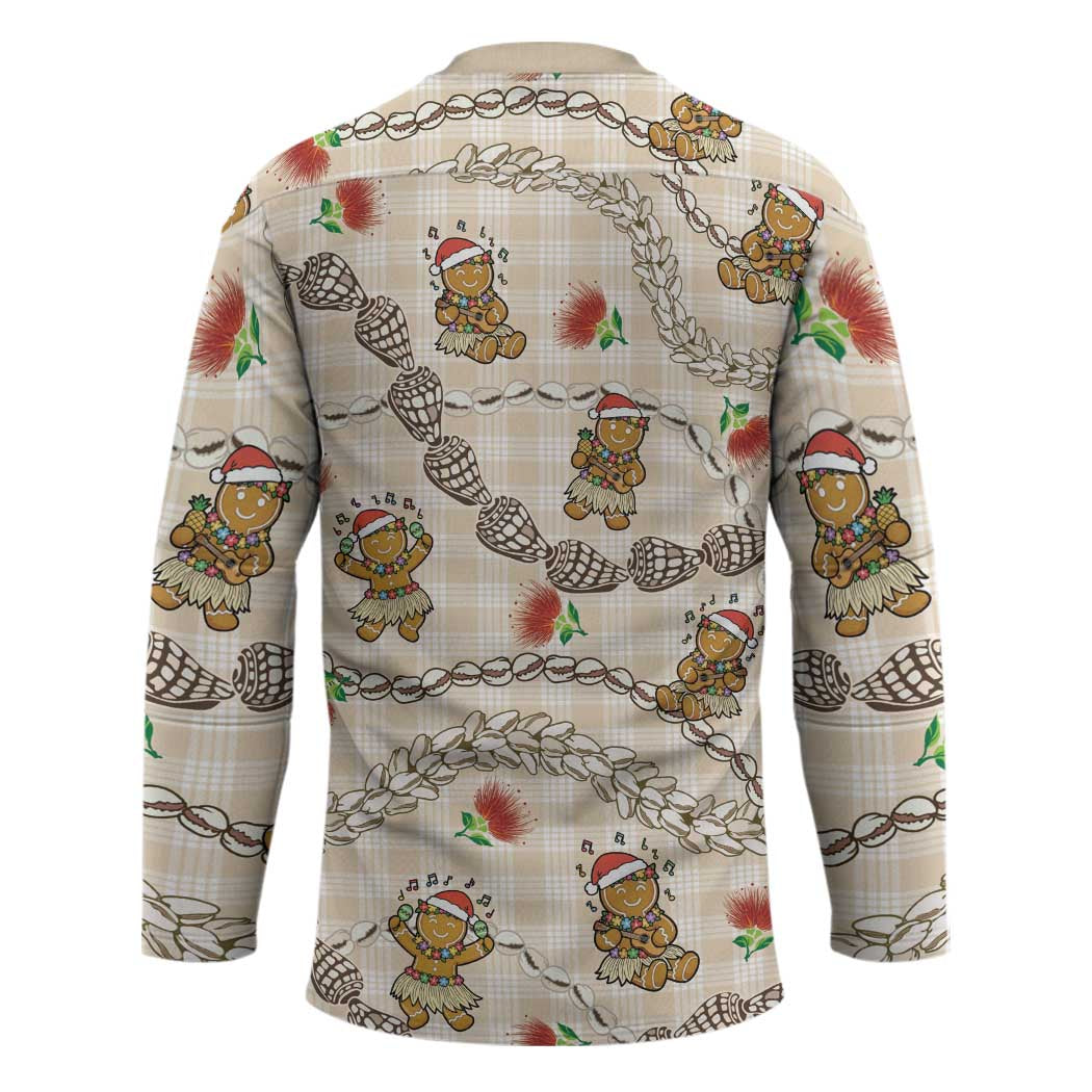 Beige Palaka Hawaii Mele Kalikimaka Hockey Jersey Ohia Lehua Shell Leis Funny Gingerbread Santa - Polynesian Pride