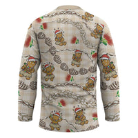 Beige Palaka Hawaii Mele Kalikimaka Hockey Jersey Ohia Lehua Shell Leis Funny Gingerbread Santa - Polynesian Pride