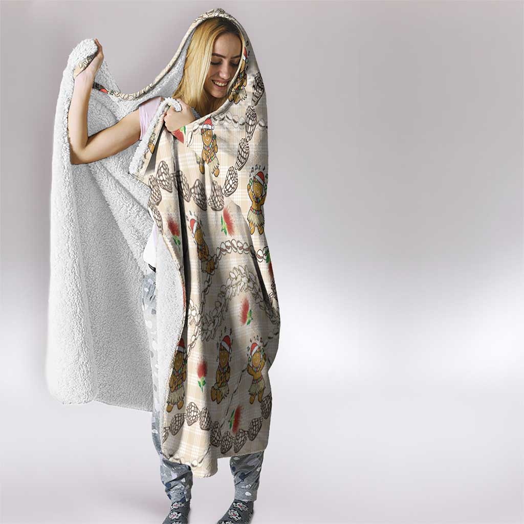 Beige Palaka Hawaii Mele Kalikimaka Hooded Blanket Ohia Lehua Shell Leis Funny Gingerbread Santa - Polynesian Pride