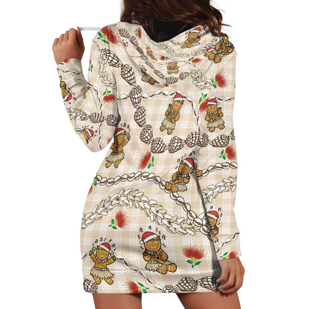Beige Palaka Hawaii Mele Kalikimaka Hoodie Dress Ohia Lehua Shell Leis Funny Gingerbread Santa - Polynesian Pride
