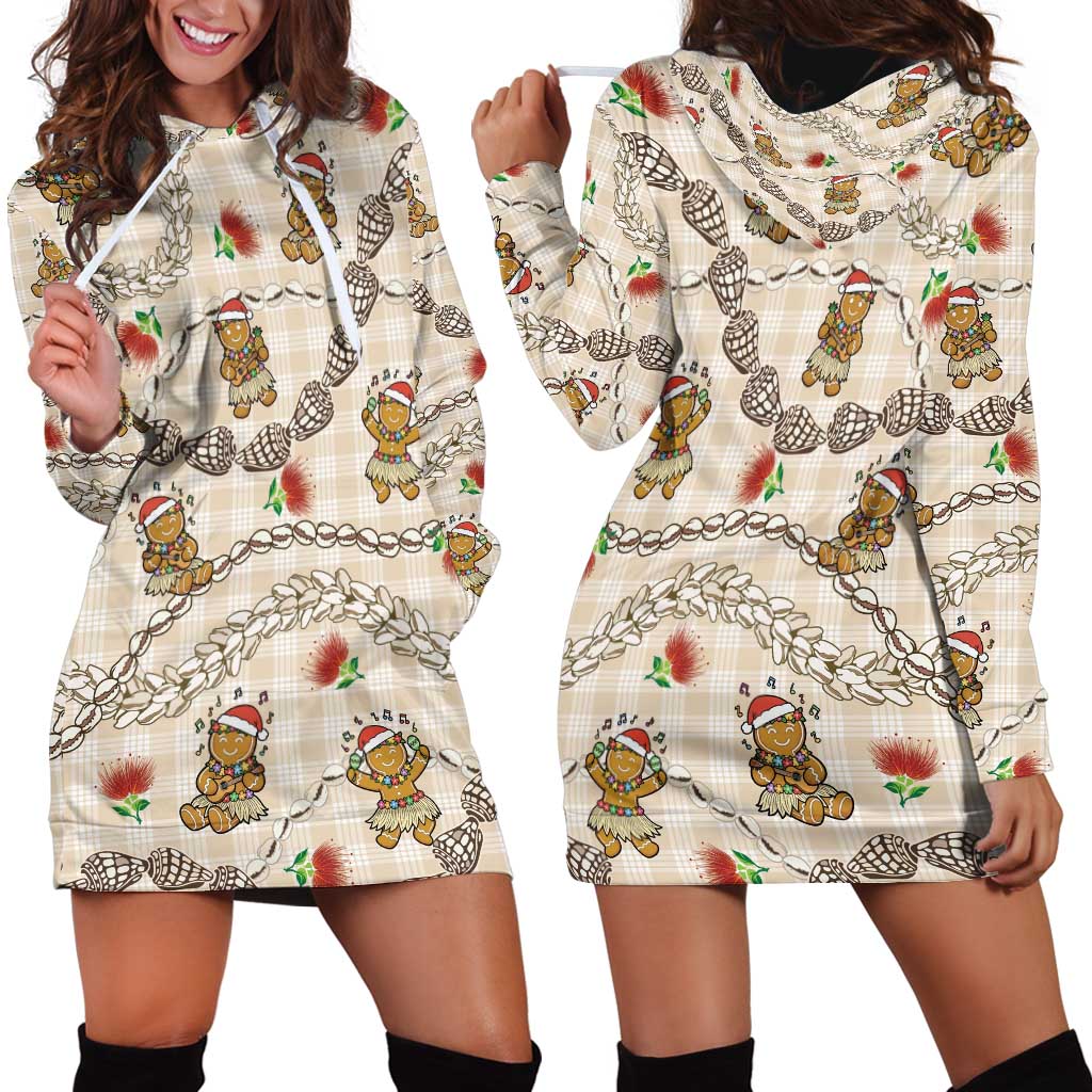 Beige Palaka Hawaii Mele Kalikimaka Hoodie Dress Ohia Lehua Shell Leis Funny Gingerbread Santa - Polynesian Pride