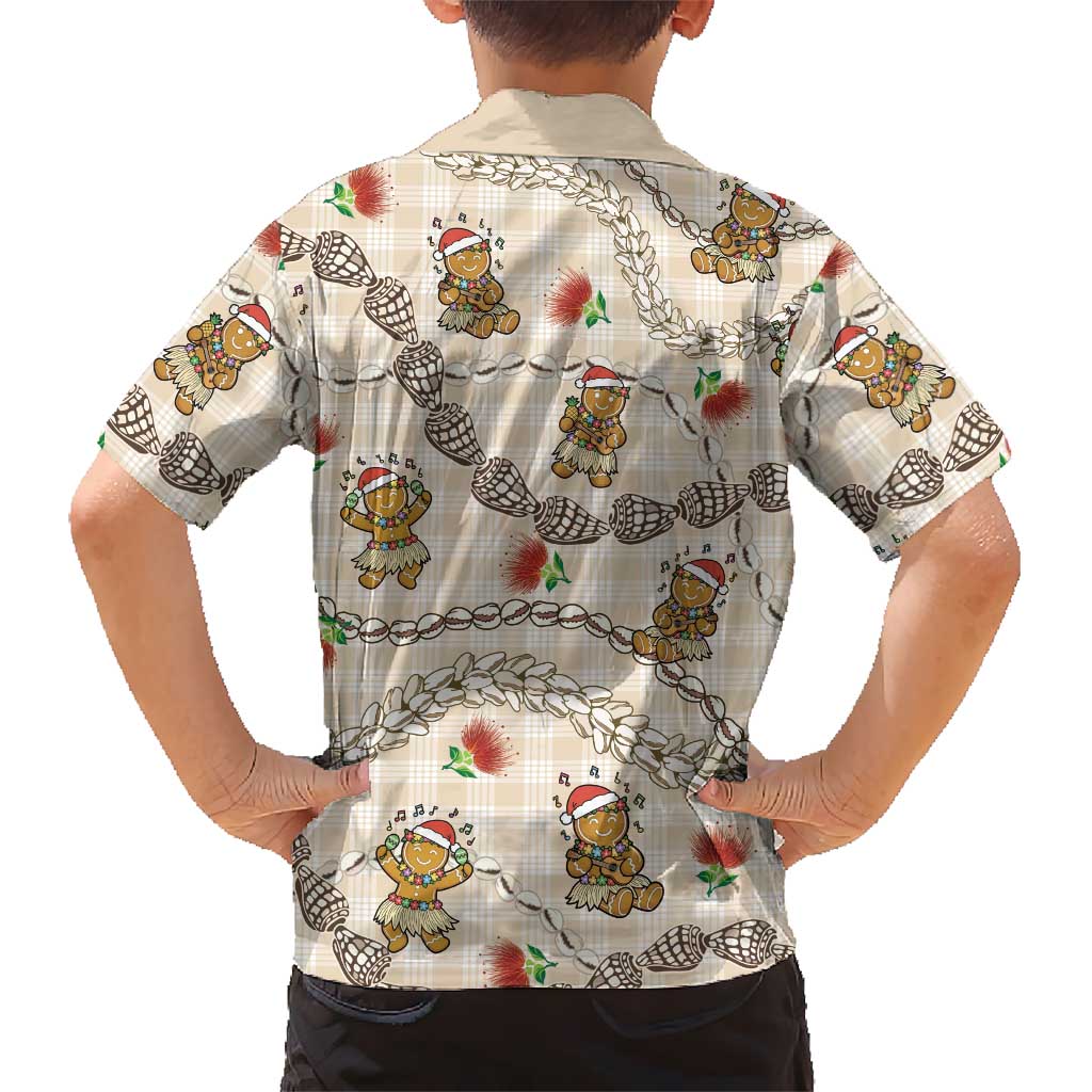 Beige Palaka Hawaii Mele Kalikimaka Kid Hawaiian Shirt Ohia Lehua Shell Leis Funny Gingerbread Santa - Polynesian Pride