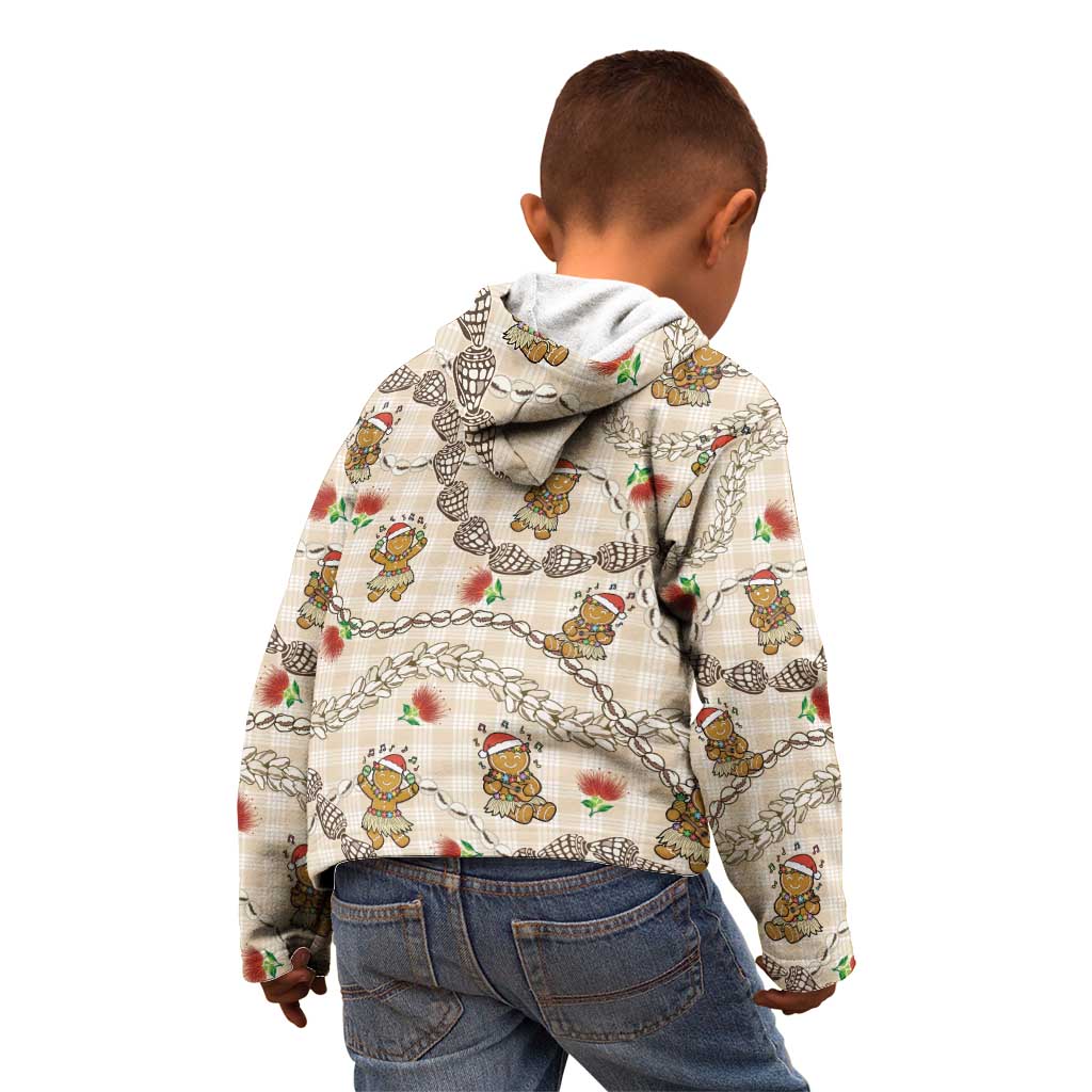 Beige Palaka Hawaii Mele Kalikimaka Kid Hoodie Ohia Lehua Shell Leis Funny Gingerbread Santa - Polynesian Pride