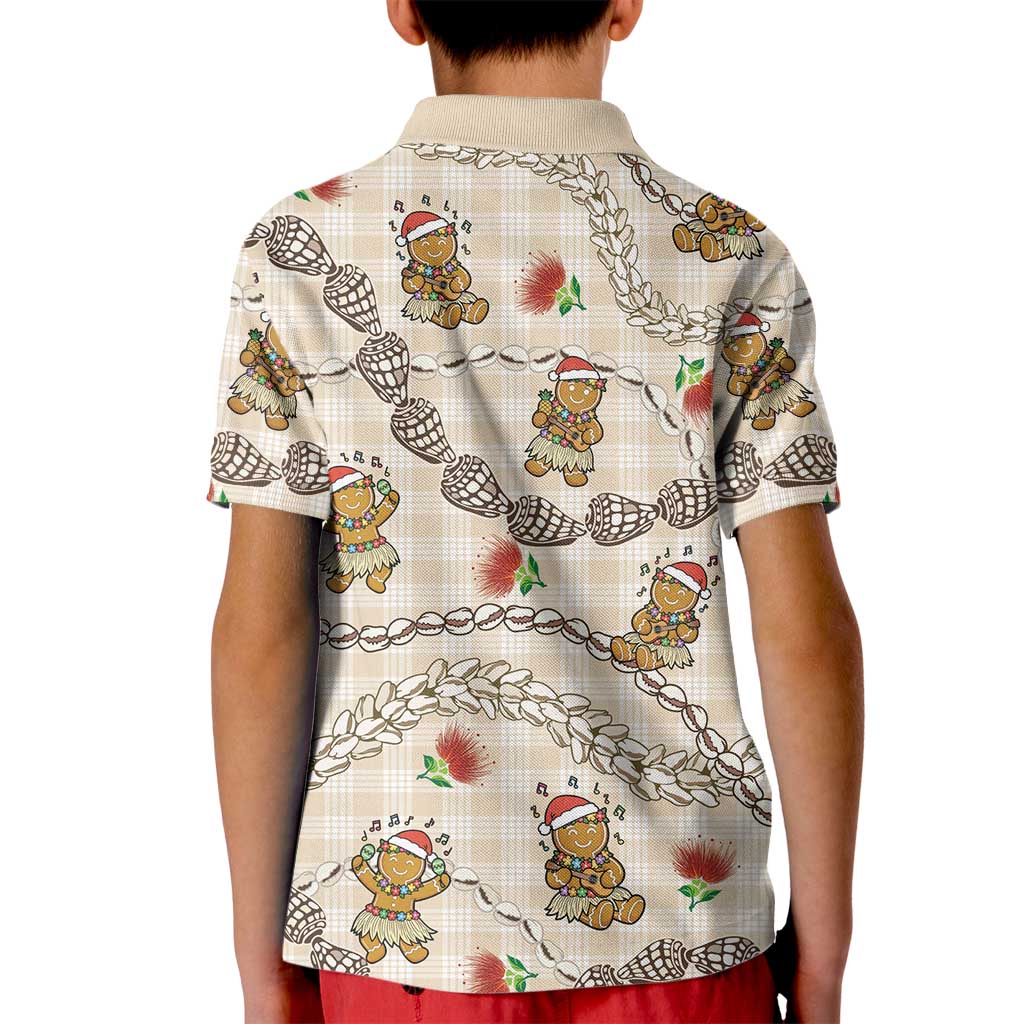 Beige Palaka Hawaii Mele Kalikimaka Kid Polo Shirt Ohia Lehua Shell Leis Funny Gingerbread Santa - Polynesian Pride