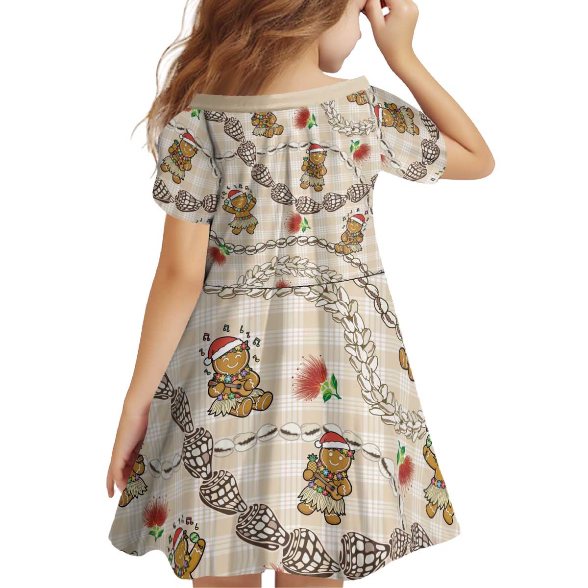 Beige Palaka Hawaii Mele Kalikimaka Kid Short Sleeve Dress Ohia Lehua Shell Leis Funny Gingerbread Santa - Polynesian Pride