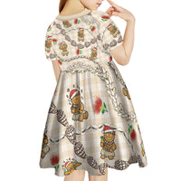 Beige Palaka Hawaii Mele Kalikimaka Kid Short Sleeve Dress Ohia Lehua Shell Leis Funny Gingerbread Santa - Polynesian Pride