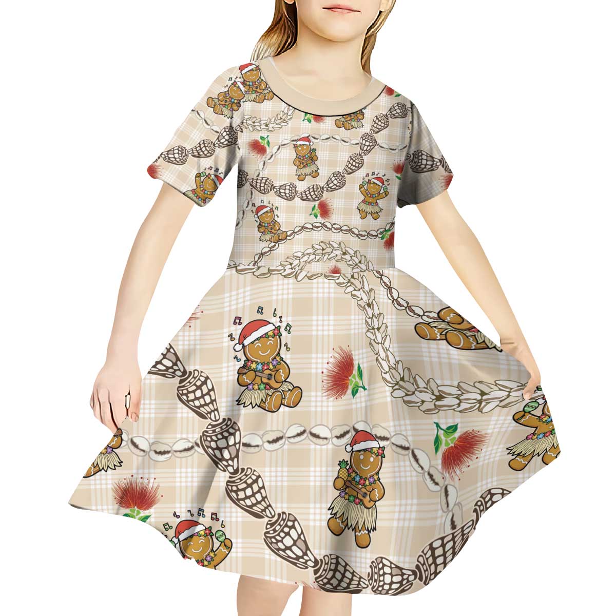 Beige Palaka Hawaii Mele Kalikimaka Kid Short Sleeve Dress Ohia Lehua Shell Leis Funny Gingerbread Santa - Polynesian Pride