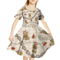 Beige Palaka Hawaii Mele Kalikimaka Kid Short Sleeve Dress Ohia Lehua Shell Leis Funny Gingerbread Santa - Polynesian Pride