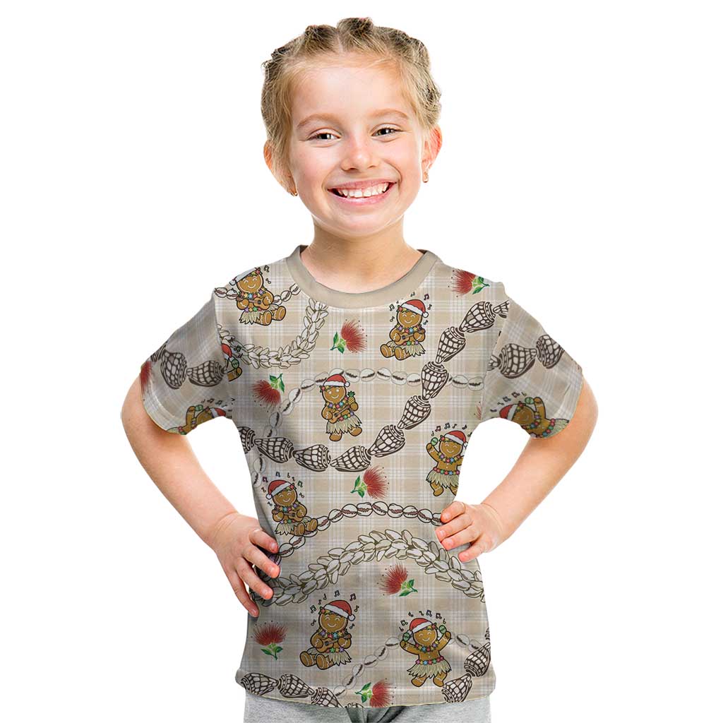Beige Palaka Hawaii Mele Kalikimaka Kid T Shirt Ohia Lehua Shell Leis Funny Gingerbread Santa - Polynesian Pride