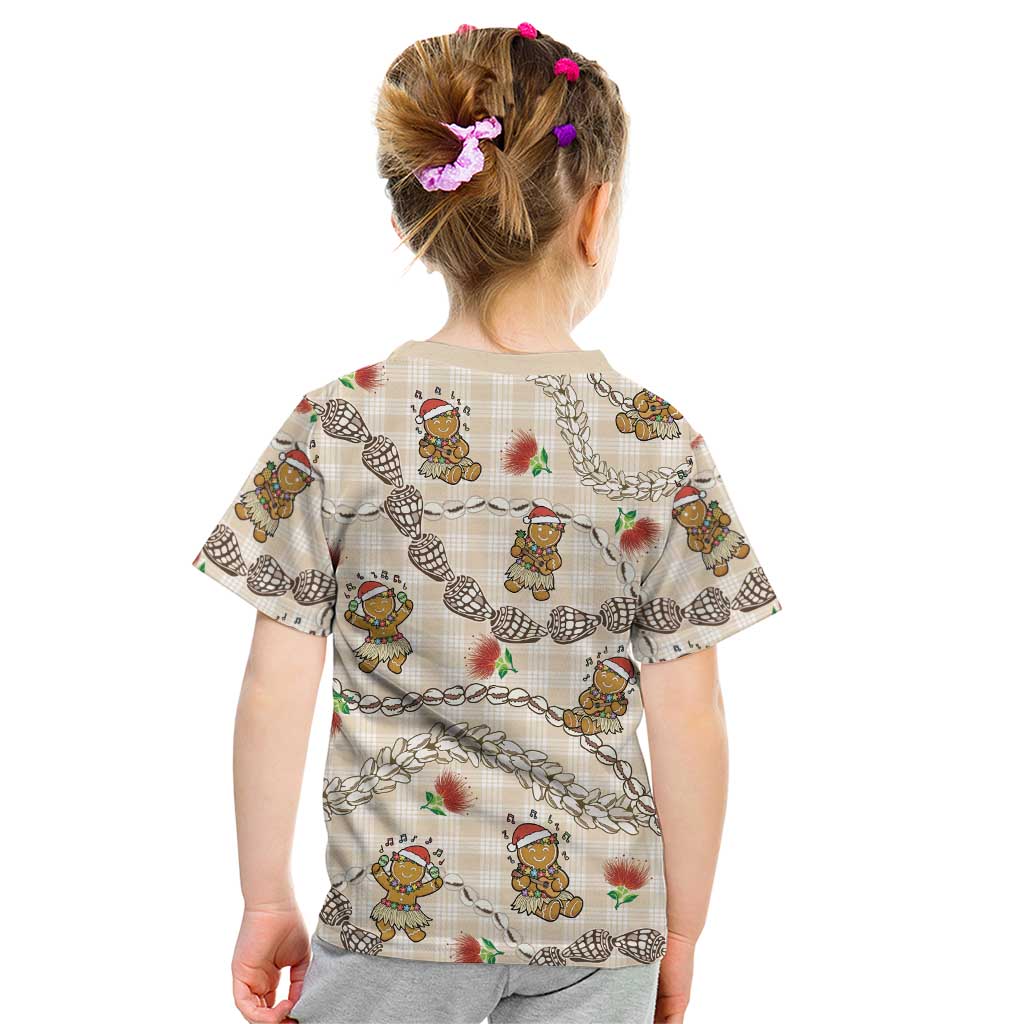 Beige Palaka Hawaii Mele Kalikimaka Kid T Shirt Ohia Lehua Shell Leis Funny Gingerbread Santa - Polynesian Pride