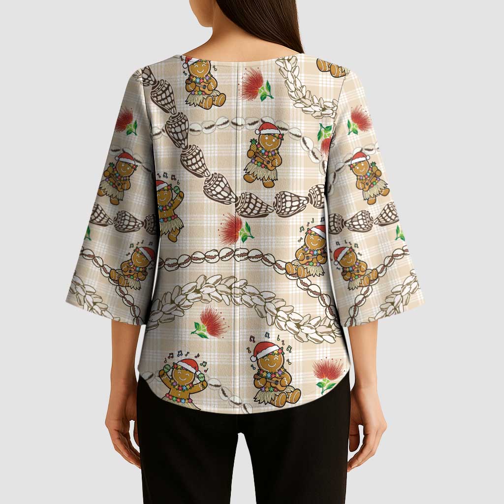 Beige Palaka Hawaii Mele Kalikimaka Kimono Sleeve Blouse Ohia Lehua Shell Leis Funny Gingerbread Santa - Polynesian Pride